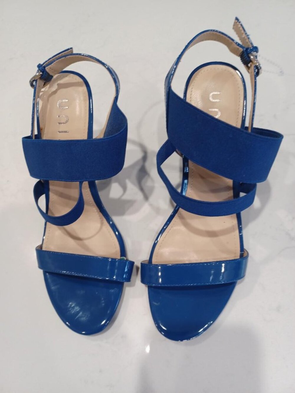 Unisa Cobalt Blue Glossy Patent Strapped 3" High Heel Sandals size 7.5M